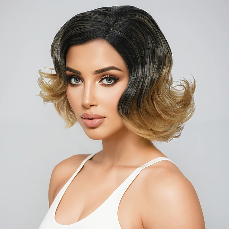 باروكة بمزاج أوروبي وأمريكي، باروكة شعر قصيرة مجعدة متدرجة للسيدات من الألياف الاصطناعية