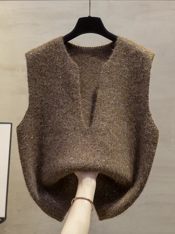 

Женский вязаный жилет с V-образным вырезом и пайетками, модный свободный свитер без рукавов для многослойных образов, новинка весна-осень, термо-верхняя одежда