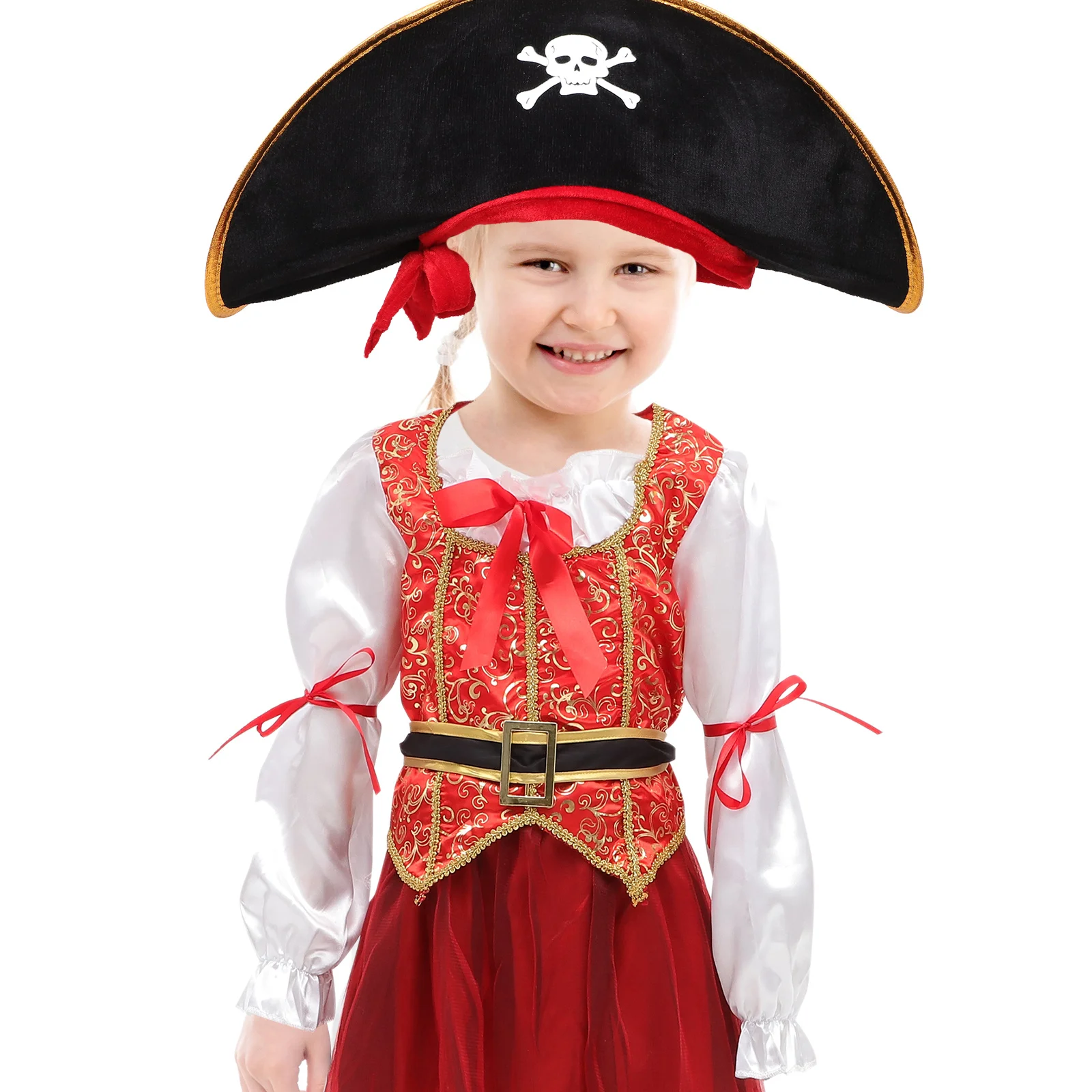 

4Pcs Kids Pirate Dress-Up Costume Classic Outfit Hat Skirt Belt Halloween Cosplay Party Performance Size M 105cm-115cm