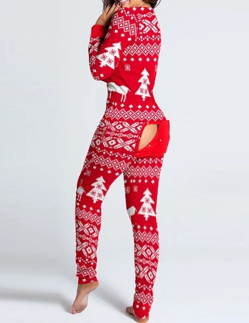 Button Flip Adult Pajamas Printed Christmas Long Sleeved Home Suit Jumpsuit 2023 Autumn Winter New Fashion Sexy Long Jumpsuit