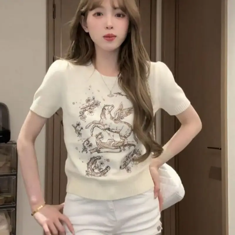 Fashionable Printed round Neck Short Sleeve Knitted Top Women's Slim Fit Summer Trendy Personality Animal Pattern Commute Style