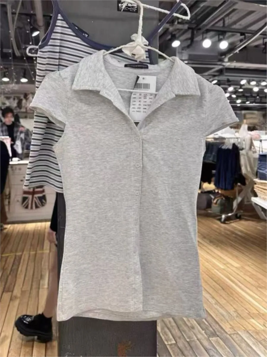 Simples cinza algodão macio manga curta camisetas femininas verão turn down collar estilo preppy topos blusa doce chique all-match camisetas