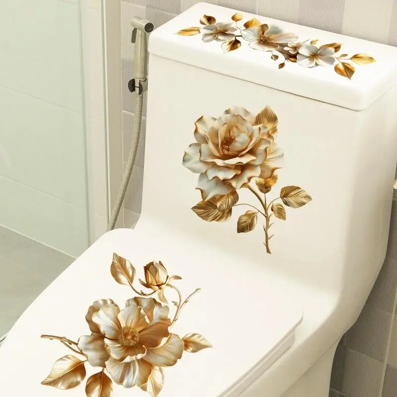 Luxury Gold Floral Toilet Sticker Waterproof Self Adhesive Bathroom Decor Sticker Wall Stickers Home Decoration Stick