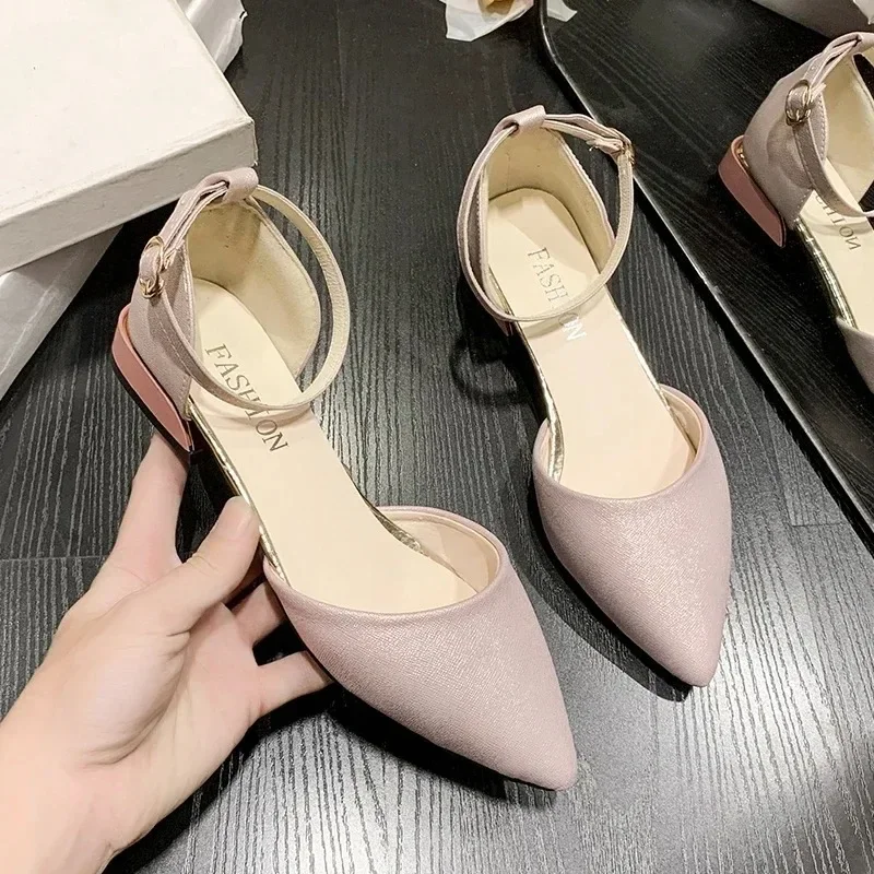 Fashion Low Heels Pointed Toe Simple Women Shoes Pumps Word Buckle Hollow Single Shoes Pointed Toe Thick with Shoes for Women