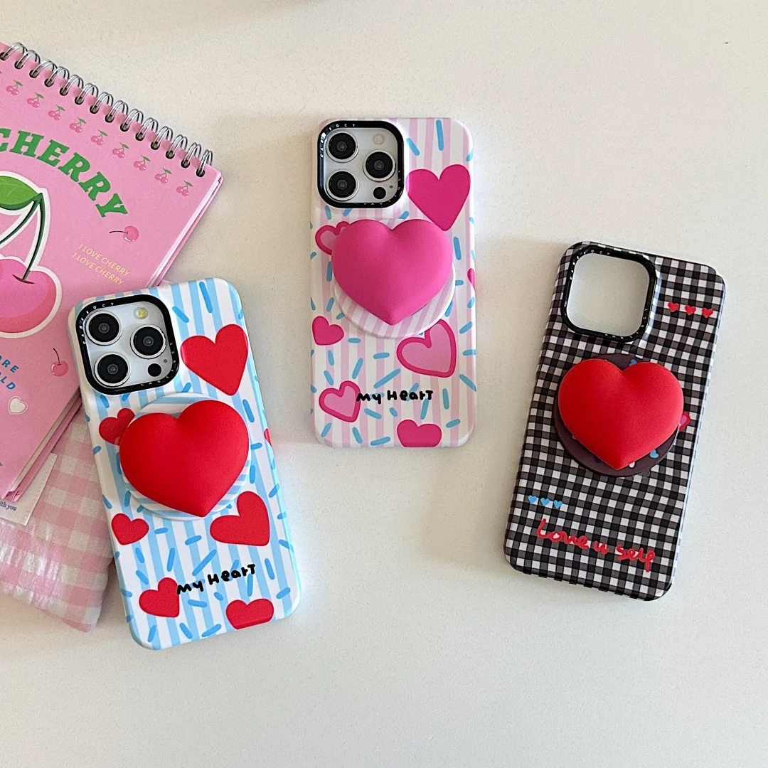 

Big Red Love Heart For Magsafe Magnetic Grip Tok Stand Case For iPhone 14 15 16 Pro Max stripe Grid Wireless Charging Cover﻿