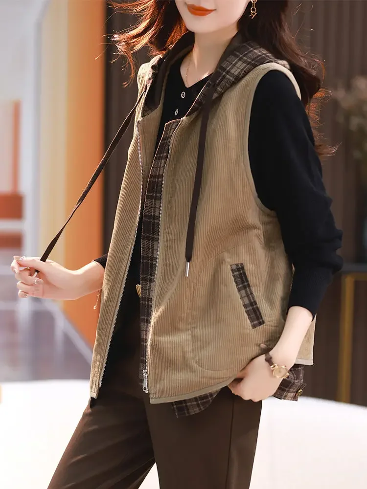 Vintage Oversized Hooded Vest Women Corduroy Sleeveless Cardigan Zip Korean Fashion Spring/summer Jacket Tops Casual New