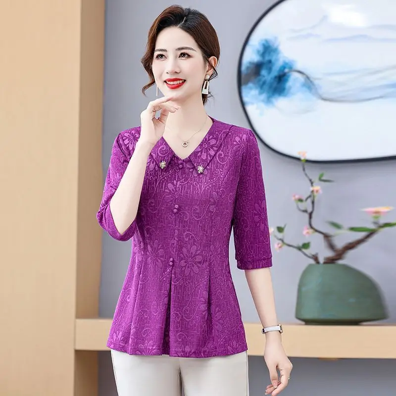Nuevo estilo, ropa de verano para madre, Top de manga 3/4, camiseta elegante de moda para mediana edad y personas mayores