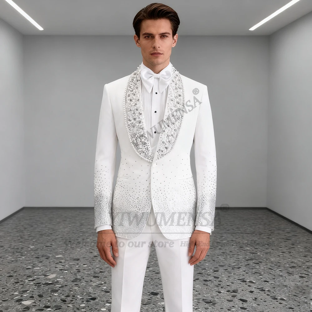 

Luxury Beaded Stones Suit Men For Wedding Shawl Lapel Groom Blazers Customized 2 Piece Sets Man Banquet Wedding Tuxedos Slim Fit