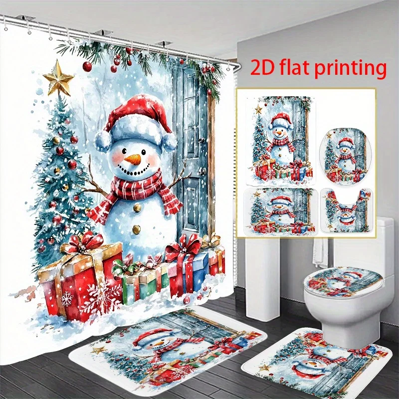 

4pcs 2D Flat Printing Shower Curtain Bathroom Set A Snowman with Presents And Christmas Tree. Can Be Used to Decorateyour Bath