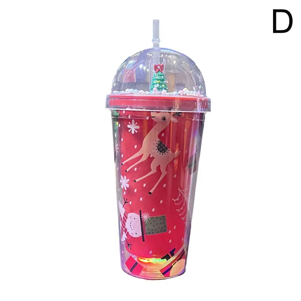 Tasse à glace de Noël avec dessin animé léger, grande beauté, double couche, grande capacité d'eau, paille en plastique, 400-500ml, V5p3