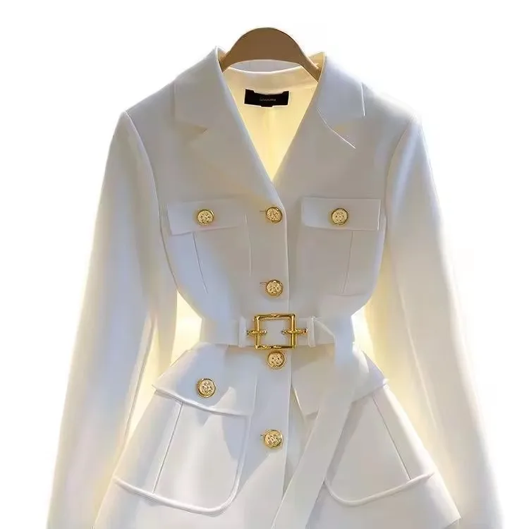 Mode Knoppen Revers Dames Jasje 2025, Lente Herfst Temperament Dames Blazer met Riem Koreaanse Veelzijdige Dame Bovenkleding