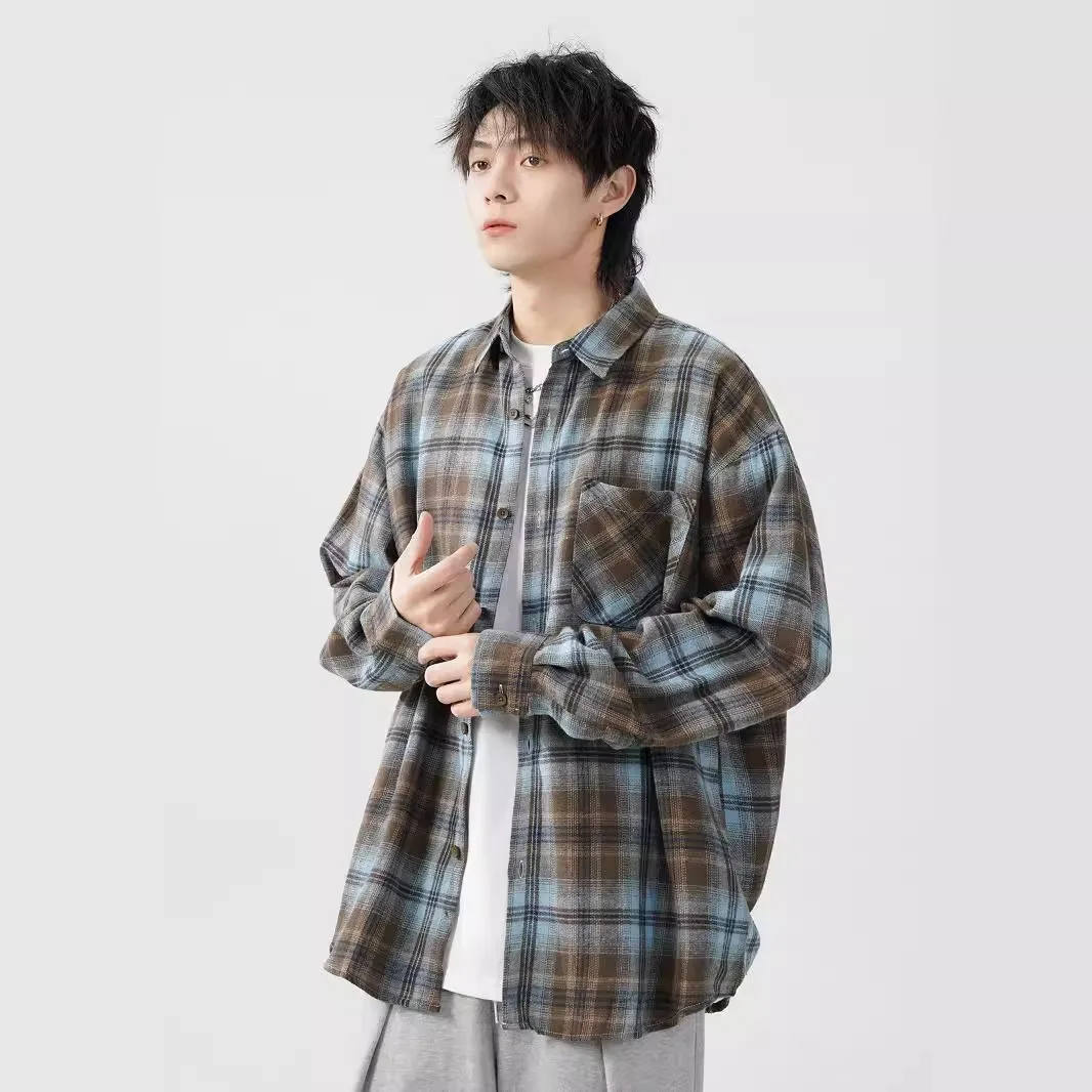 TRSYPHXM 2024 new Checkered shirt for men in autumn, loose and high-end, handsome long sleeved shirt, lazy American jacket