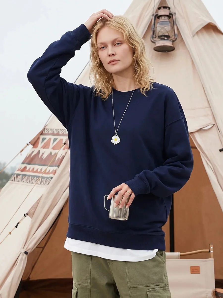 Streamgirl Loose Sweatshirt Women Autumn Basic Plain Sport Cotton Pullover Casual Navy Blue Women Sweatshirts High Quality Tops