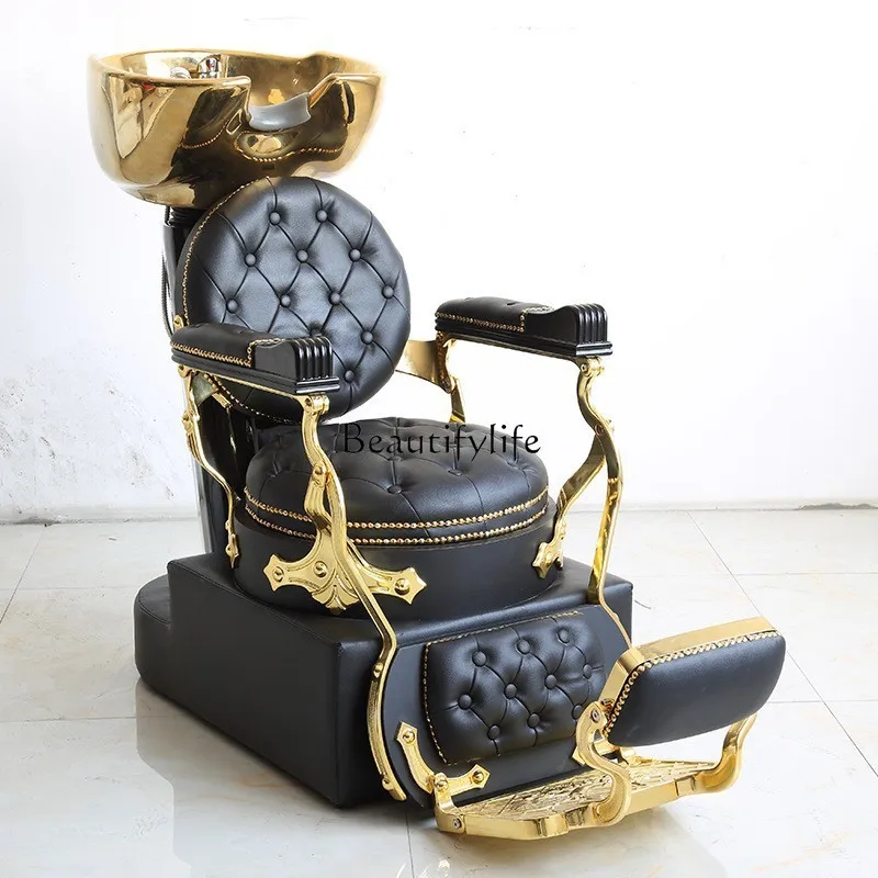 03.*Hair salon retro gold massage shampoo bed barber shop shampoo recliner