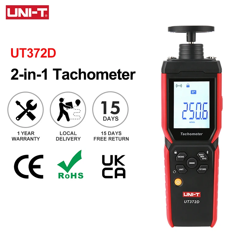 

UNI-T Speed Tachometer UT372D 2-in-1 Laser Tachometer Contact And Non-contact Tacometro Digital RPM Meter Spin 1 to 19999 RPM