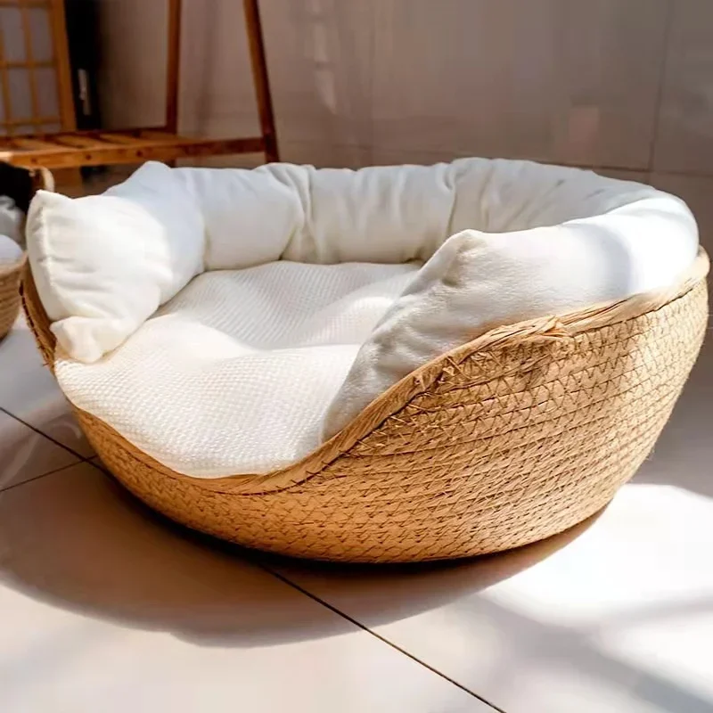 Pet Basket Mattress Rattan Grass Weaving Cat Nest Dog Kennel Straw Scratch Board Cat Bed for Puppy Kitten All Season Universal