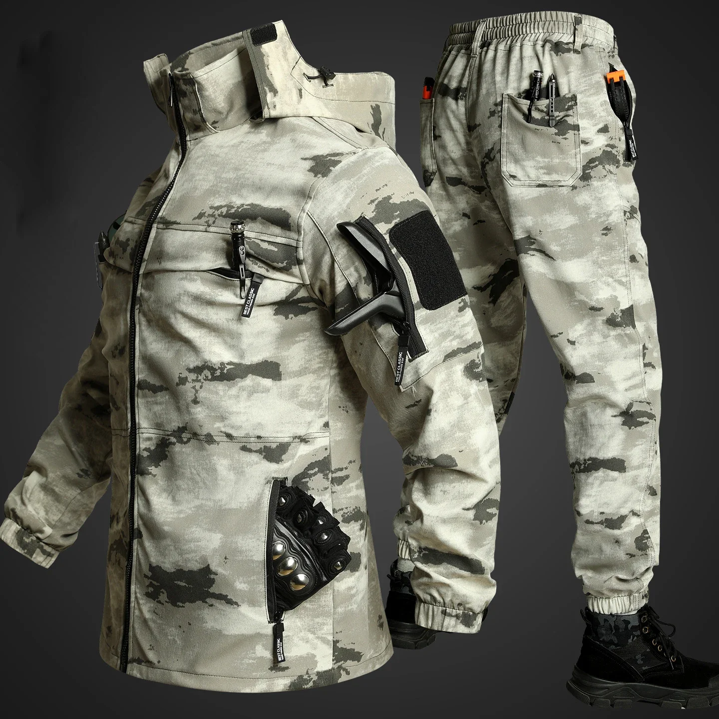 Spring Autumn Men's Tactical Hiking Sets Outdoor Men Camo Multi-Pocket Jackets + Cargo Pants Men Heavy Duty Work Uniform Suits