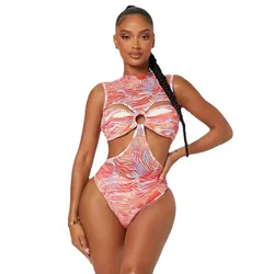 2024 New Sexy One Piece Swimsuit Swimwear Women Gradient Print Hollow High Waist Highly Elastic One-piece Bathing Suit Beachwear