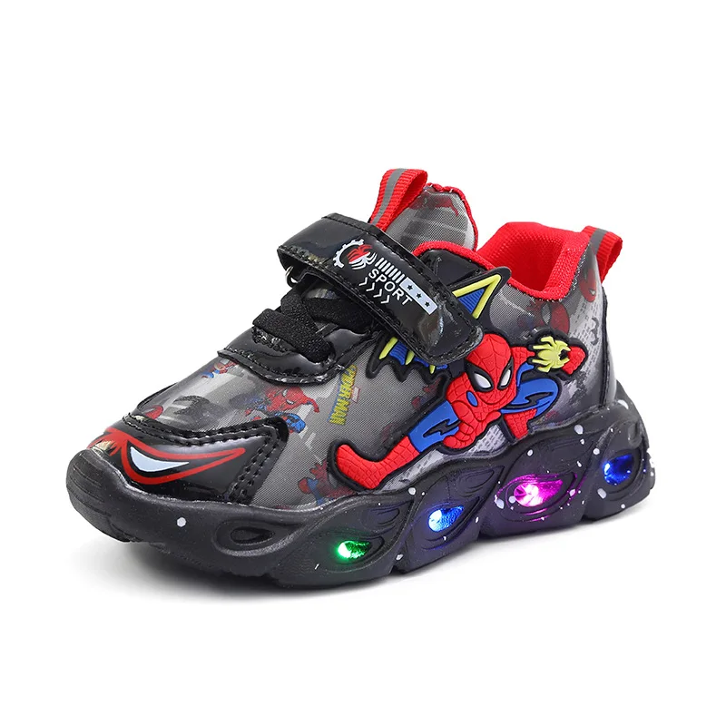 Disney LED Casual Cartoon Sneakers for Boys Spiderman Leather Outdoor Shoes Children Cute Lighted Non-slip Shoes Size 21-30