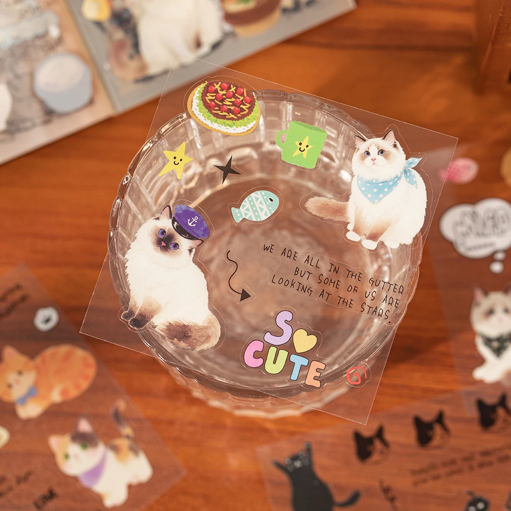 20 arkuszy/worek Urocze naklejki PET z motywem kotów, idealne do rękodzieła, scrapbookingu, dekoracji etui na telefon, notatników i innych.
