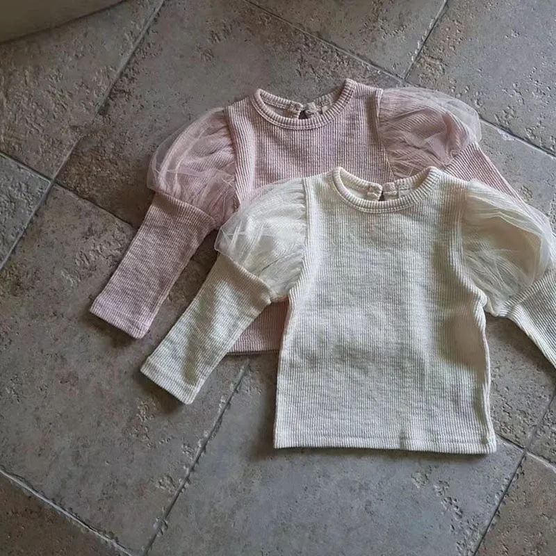 Baby Clothes 2024 Autumn Toddler Mesh Splicing Puff Sleeve Princess Bottoming Shirt 0-2Y Infant Girls Cotton Tees Tops