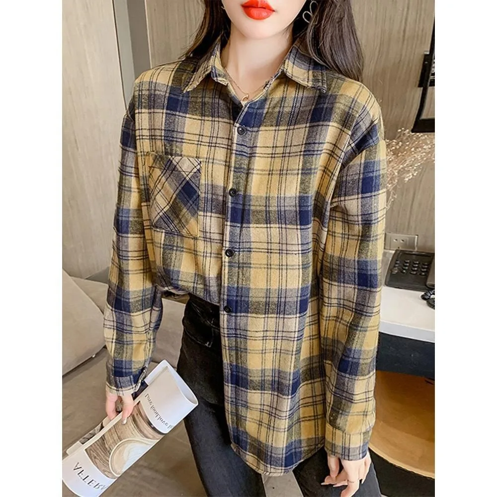 2023 New Loose Design Cotton Plaid Shirt Women Young Style Long Sleeve Blouses Casual Shirts Lady Tops Clothes Blusas  blouse