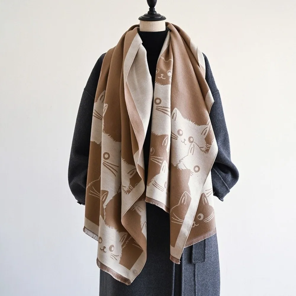 Fashion Large Size Cat Print Cashmere Scarf Elegant Soft Warm Blanket Scarf Thick Double Sided Winter Shawl Women