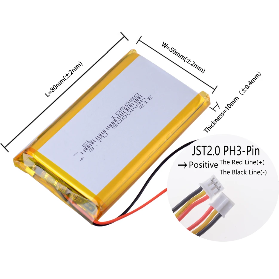 105080 3 Wires JST 3Pin 2.0mm 3.7V 5000mAh 18.5Wh Li-Polymer