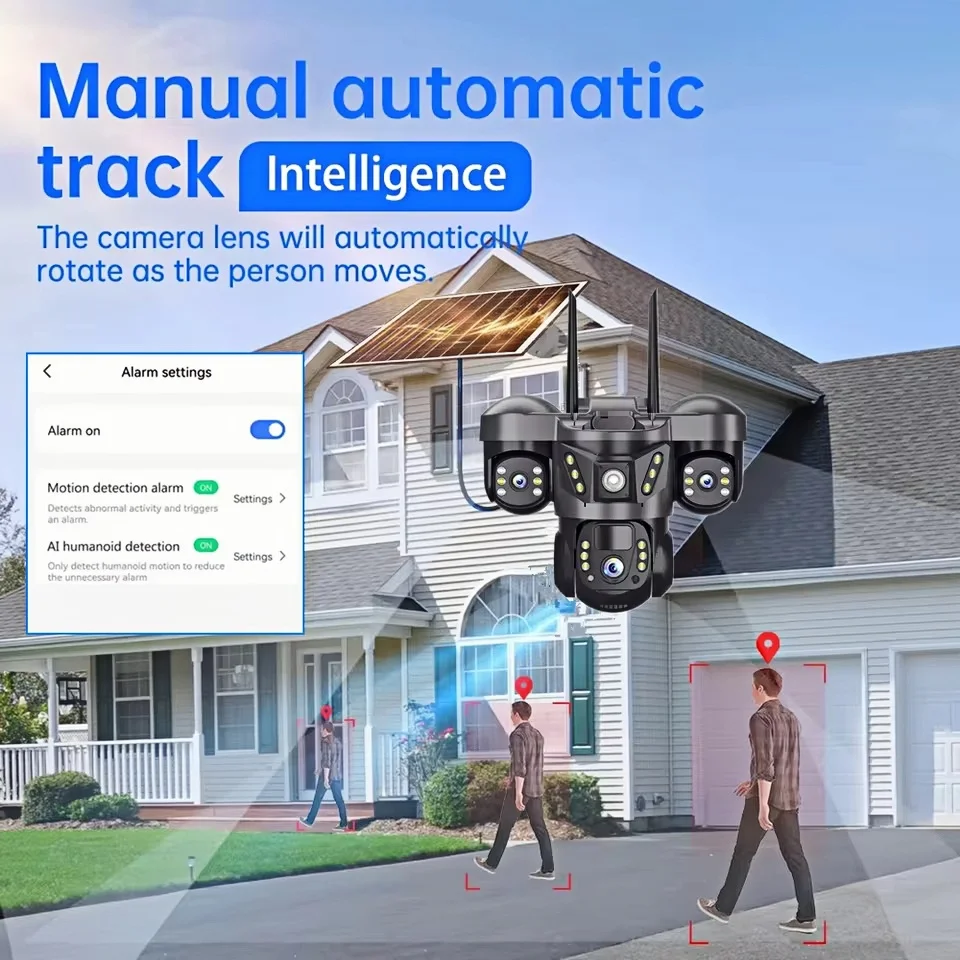 Telecamera WIFI solare 3 lenti Rotazione PTZ impermeabile Sorveglianza Rilevazione umana wireless Sicurezza domestica intelligente Telecamere IP V380 CCTV