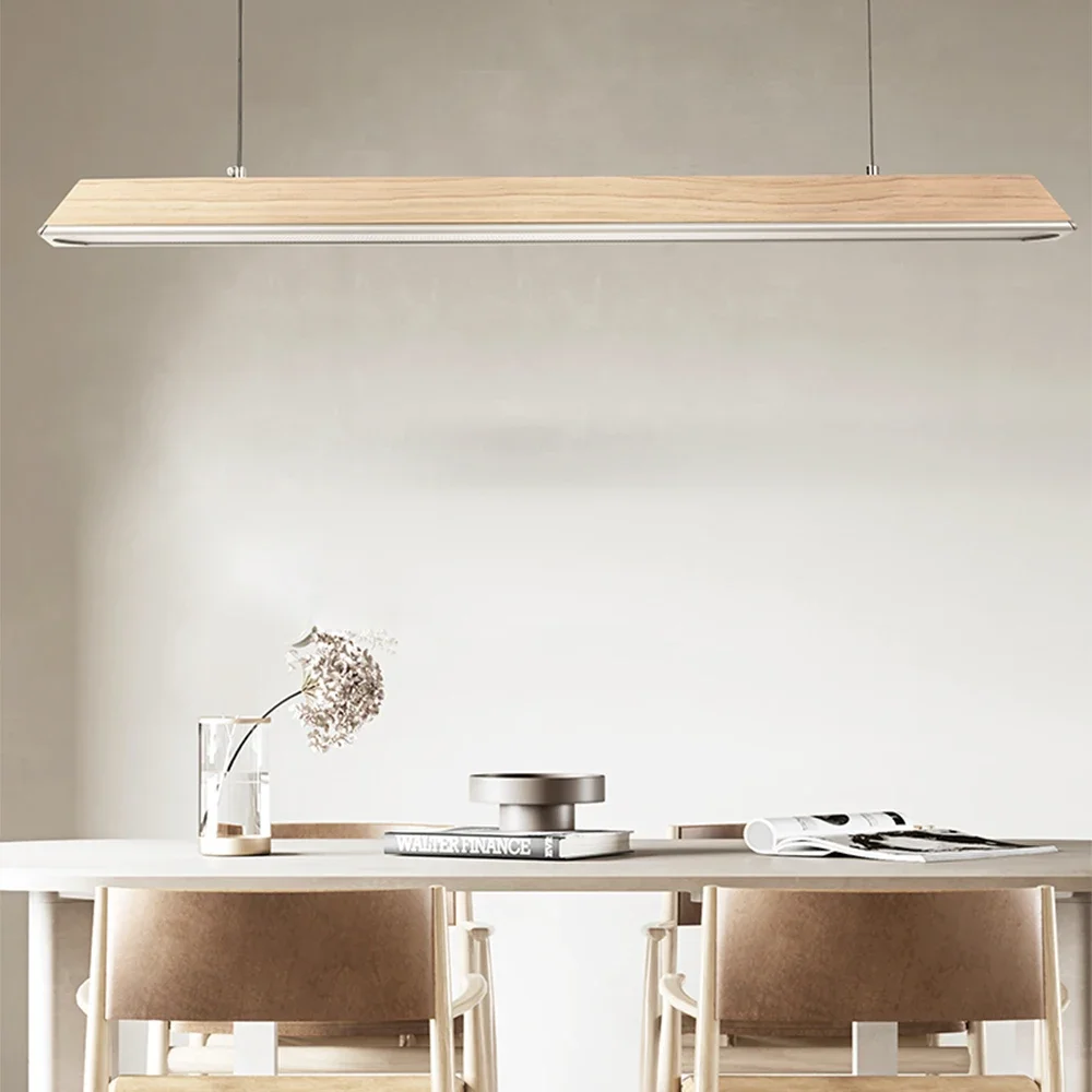 LED Wood Pendant Lamp Large Wide Surface Alloy Pendant Lamp Modern LED Wood Trapezoidal Long Lighting for Kitchen Dining Office