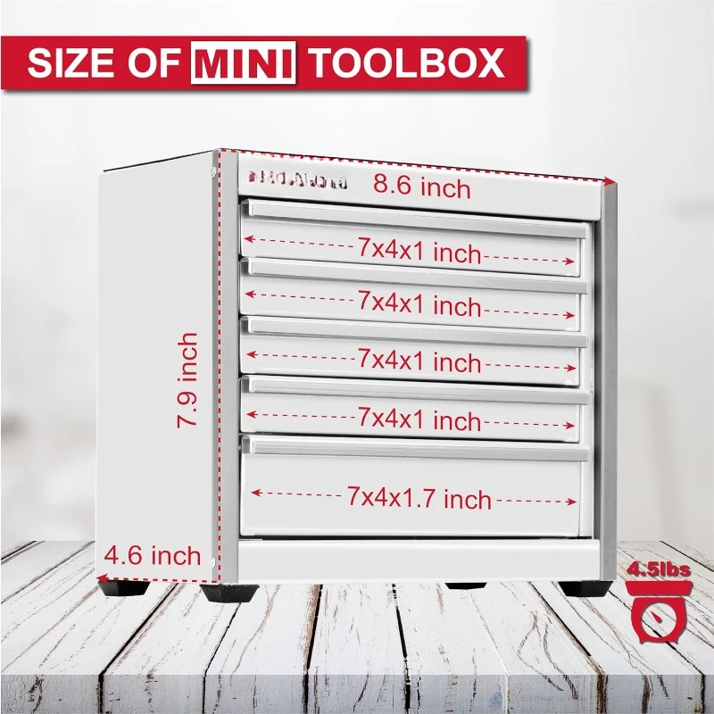 Mini White Tool Box, Portable 5-Drawer Micro Roll Cab Steel  , White Small Tool Case for Tools Storage and Organizers, Home DIY