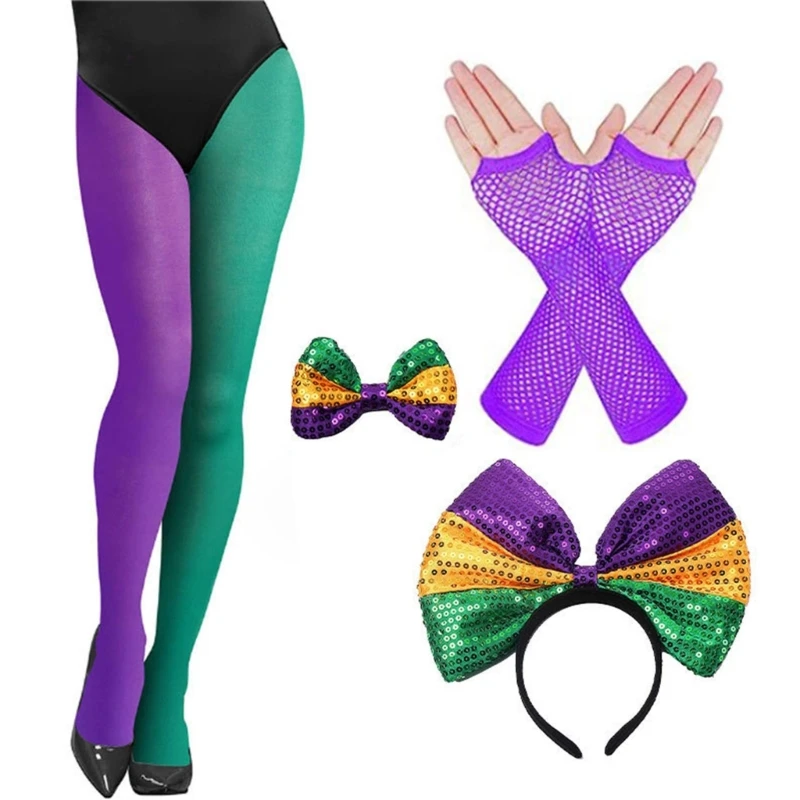 Mardi Gras Costume Accessories Set Fishnet Gloves,Bows Headband Tricolor Tights Pantyhose for Halloween Masquerade Party