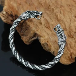 Norse Viking Wolf Head Bracelet Stainless Steel Opening Adjustable Wristband Cuff Dragon Bangle for Men Fashion Jewelry Gifts