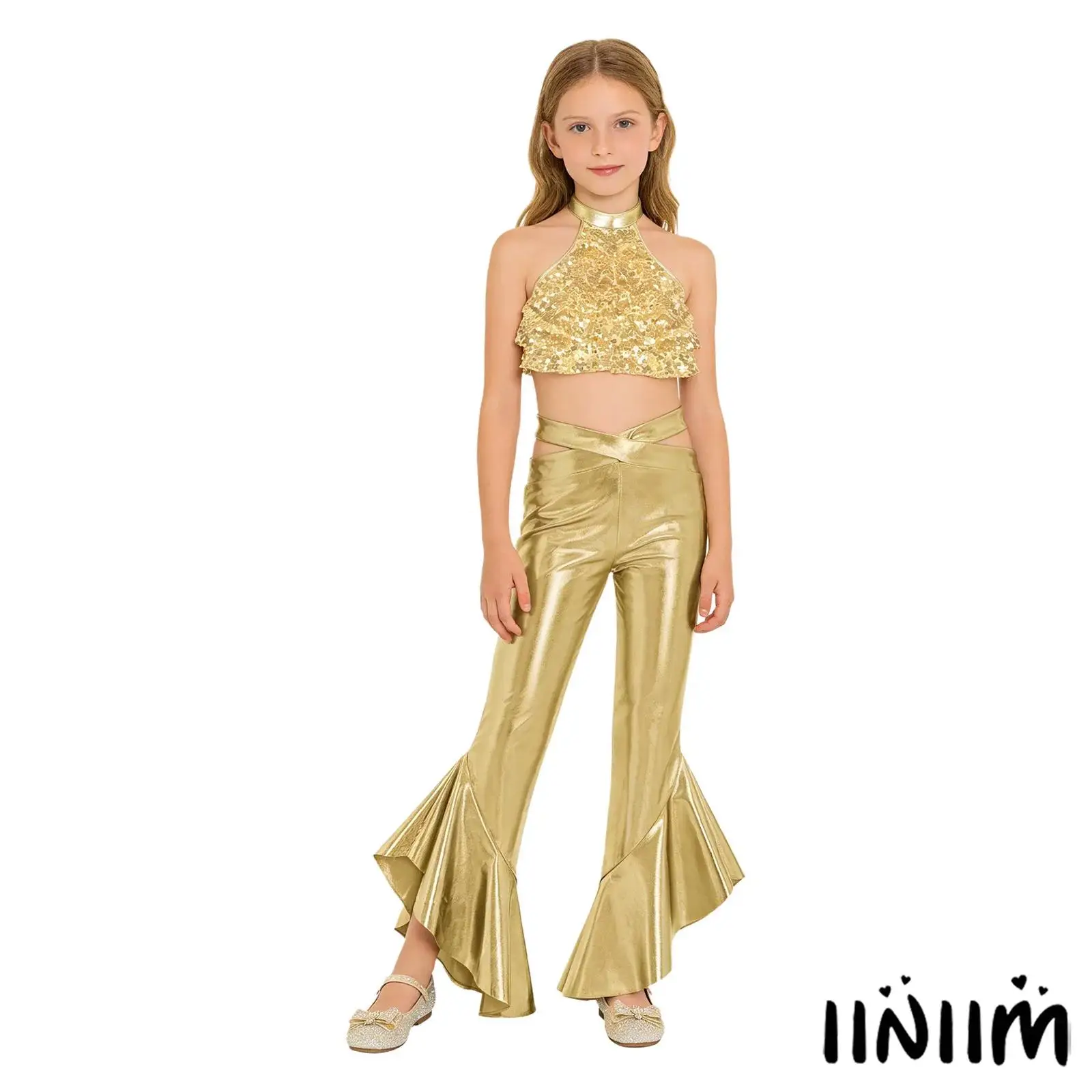 

Girls Jazz Dance Performance Outfit Sleeveless Mock Neck Shiny Sequin Tiered Backless Crop Top with Shiny Ruffles Flared Pants