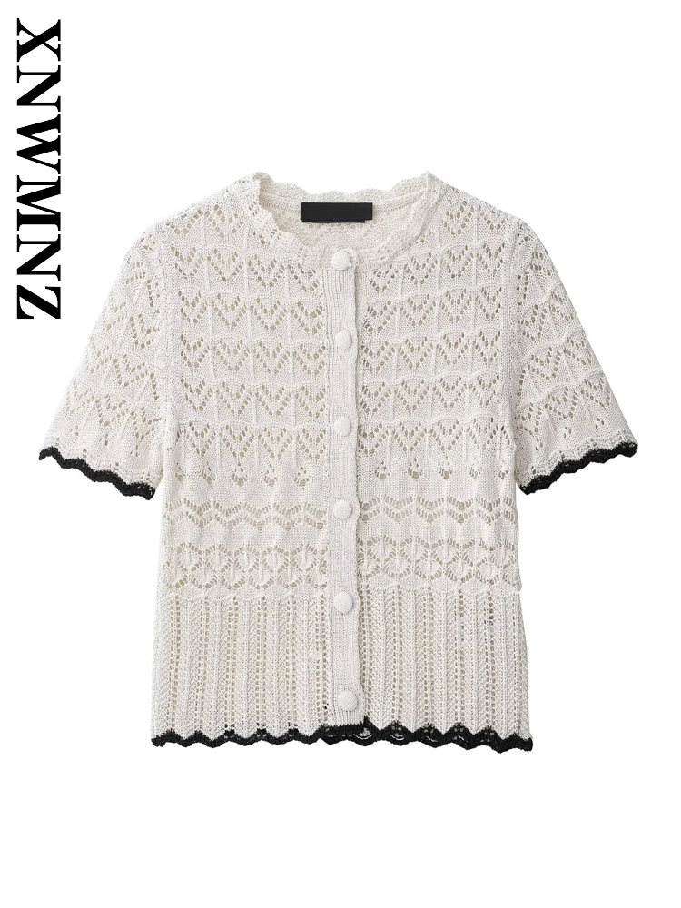 

XNWMNZ 2025 Spring New Product Woman's Fashion Simple Short Sleeve O-Collar Knit Cardigan Chic Casual Women Clothing Blouses