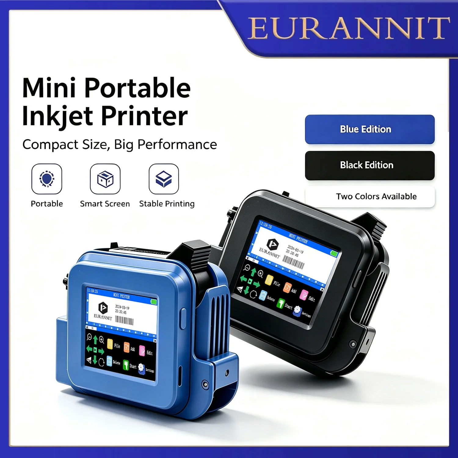 EURANNIT 12.7mm / 0.5 inch Portable Mini Inkjet Printer with Fast Dry Ink for Logo Expire Date QR Barcode Batch Number Printer