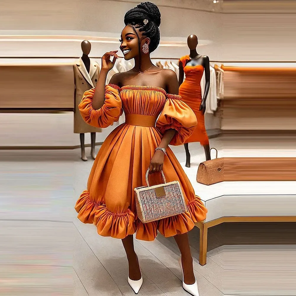 

Orange A Line Tea Length Birthday Party Dress Prom Dresses With off the Shoulder Half Sleeves Pleats Draped Homecoming Gowns