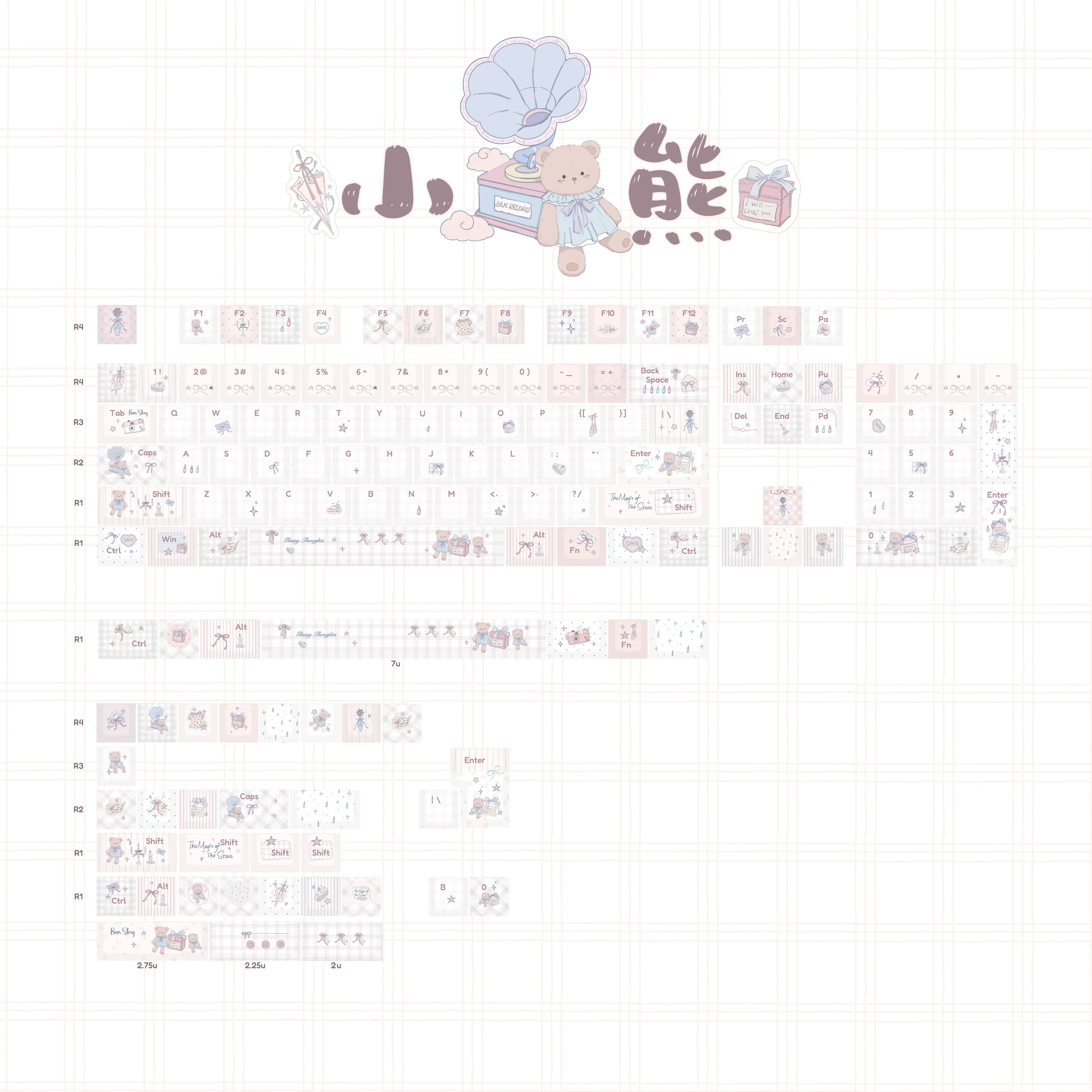 MAIMOOO Little Bear Cute Keycaps Cherry Profile Gentle Creamy Style PBT Custom Plaid Keycap for Mechanical Keyboard Girls Gifts
