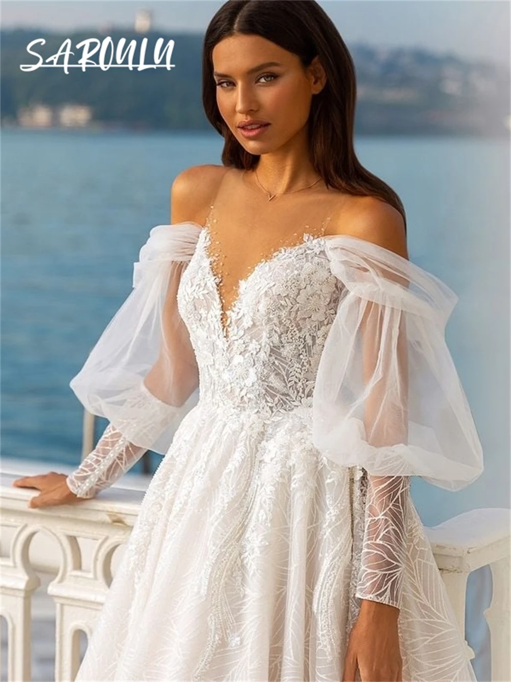 Vestidos De novia De línea A De encaje dulce, vestido De novia largo personalizado para mujer, vestido De novia con cuello transparente De flores 3D, Vestidos De novia