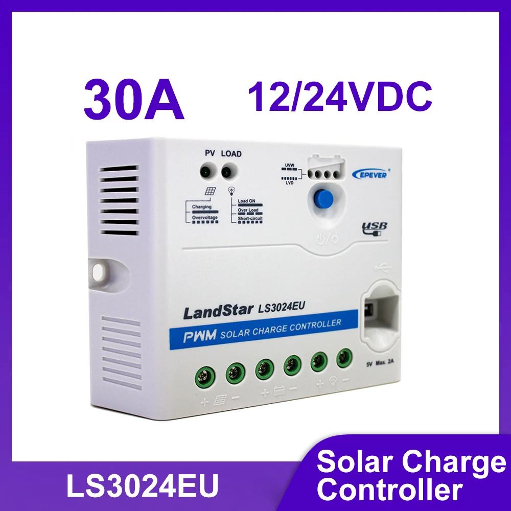 

Контроллер заряда солнечных батарей EPEVER 30A PWM LS-EU USB 12/24VDC с автоматическим определением напряжения, максимальное напряжение PV 50В, регулятор заряда солнечных панелей