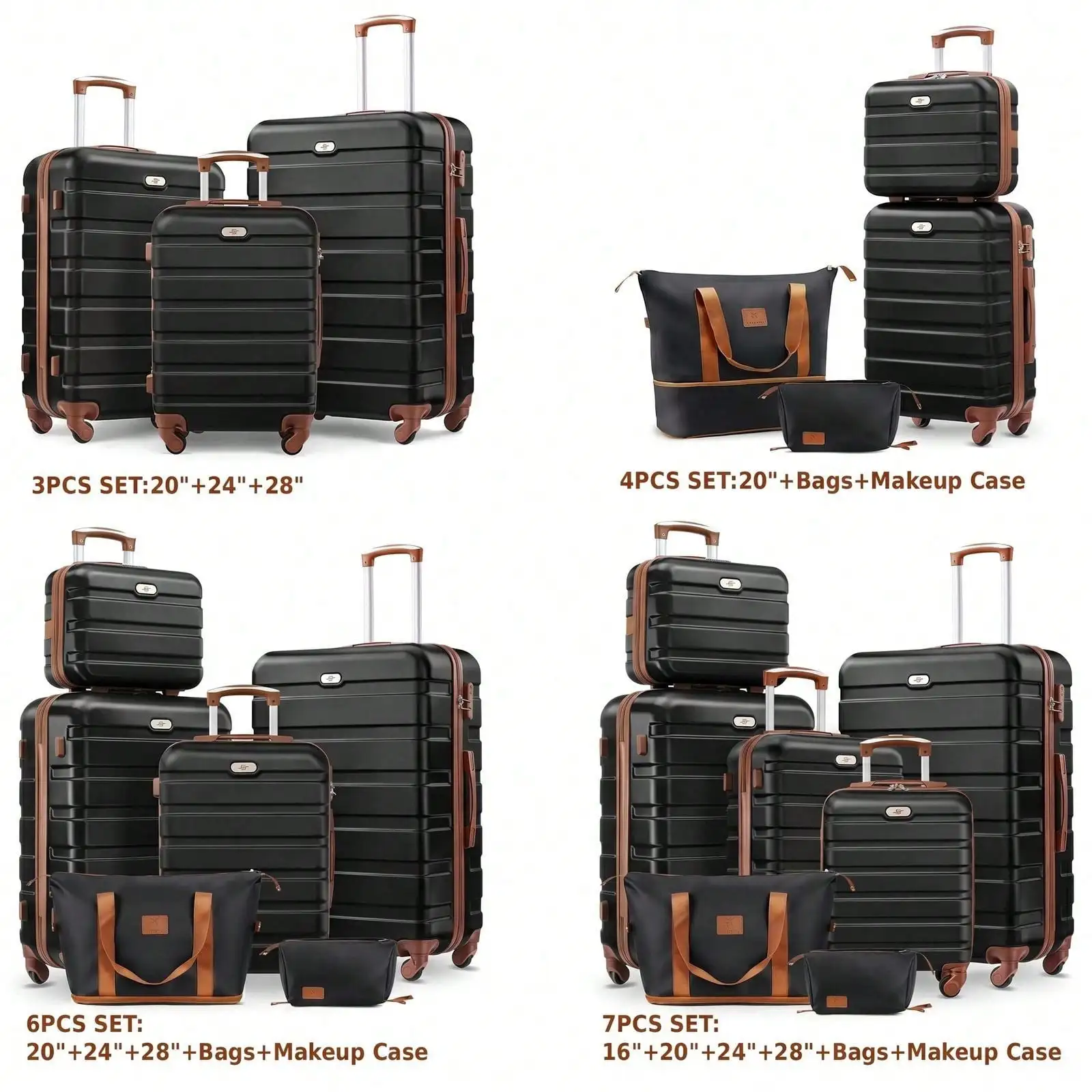 Large Capacity ABS Hardside Luggage Set, 16/20/24/28 Inch Spinner Suitcases + 2 Travel Bags + 1 Cosmetic Case, 7-Piece Set For Holiday Travel