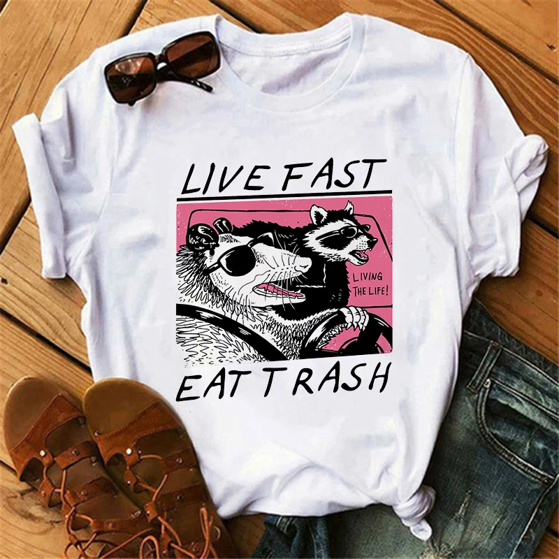 Live Fast Eat Trash Tshirt Women Funny Street Cats Printing Graphic Tee Anime T-shirt Summer Short Sleeve Women\'s Trend T-shirts