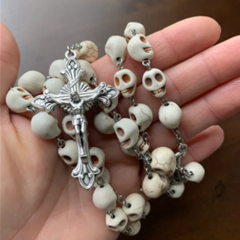 Ivory Howlite Memento Mori Remember Your Death Skull Bead 5 Decade Catholic Rosary