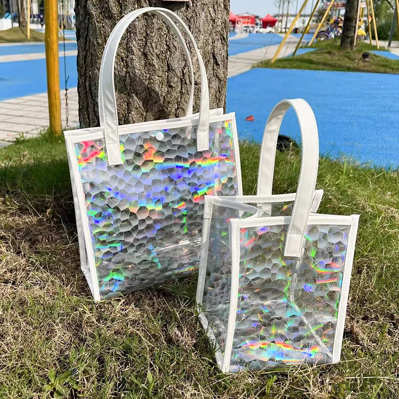 Laser Clear Tote Bag handbag Stadium Water-Resistant PVC Bag Plastic Gift Bags For Girls and Women,Transparent Shopping Bags