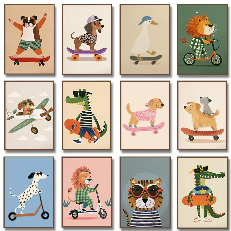 Dog Airplane Lion in Car Animal Skateboard Tiger on Bicycle Poster Print Canvas Painting Print Nursery Wall Art Kids Room Decor