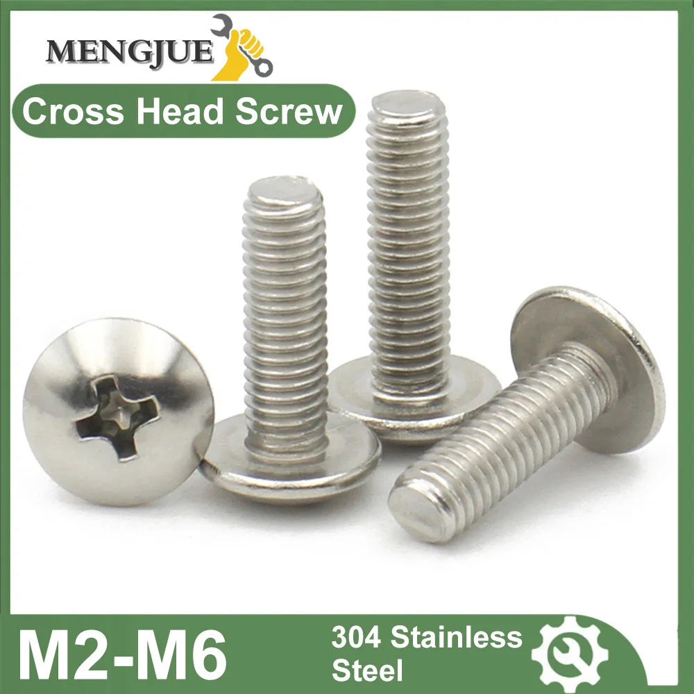 10-50pcs 304 A2-70 Stainless Steel Screw M2.5 M3 M4 M5 M6 JISB1111T Phillips Braguero Flat Head Large Round Cross Bolt L=3-70mm