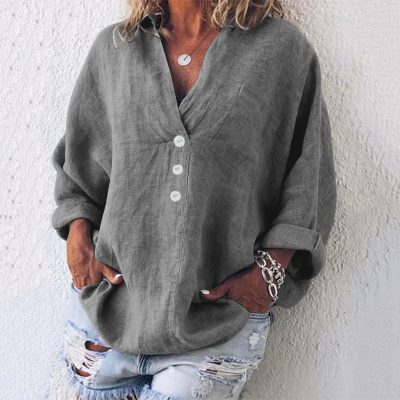 2025 Spring and Summer V-neck Imitation Cotton and Linen Long-sleeved Shirt Pullover Women's Shirt Is Hot in Europe and America