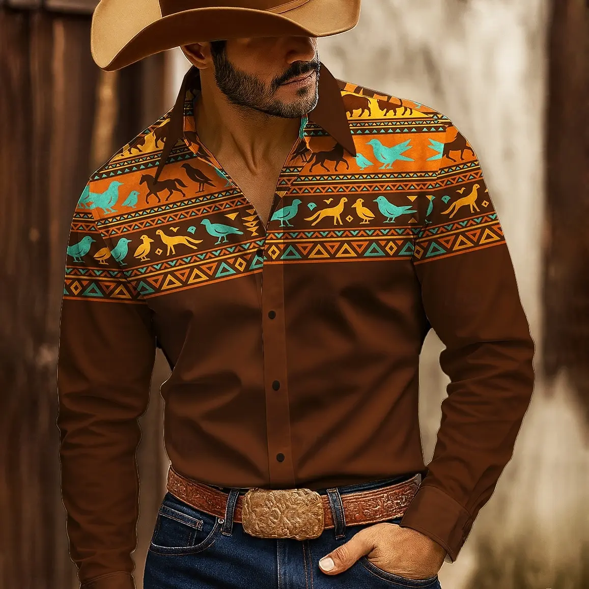 

Men's Vintage Cowboy Graphic Long Sleeve Shirt Fashion Outdoor Casual Button Lapel Clothes Retro Ethnic Style Autumn Winter Tops