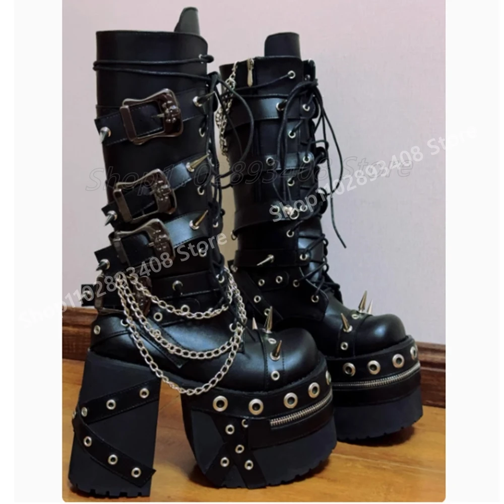 

Cool Punk Rivets Chain Decor Mid Calf Boots Cross Tied Thick Chunky High Heel Party Sexy Women Shoes 2025 Spring Para Mujere