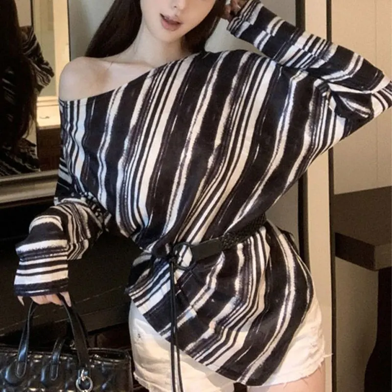 ألوان متباينة بلوفرات مخططة عتيقة للخريف ملابس نسائية برقبة مائلة هالة وشاحات أنيقة غير منتظمة تي شيرت #5